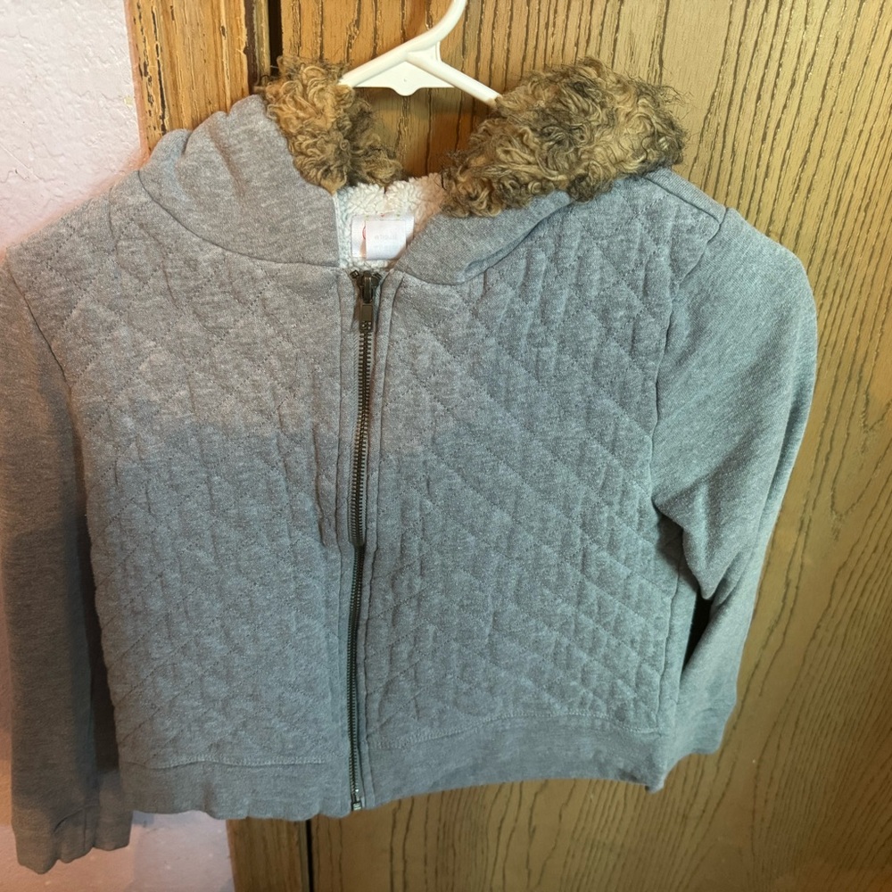 Gray Quilted Jacket with Faux Fur Hood